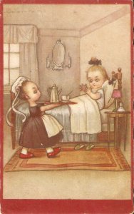 Colombo. Children. Breakfast in bed  Old vintage Italian,. artist signed, post