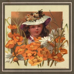 1880s-90s Young Girl Wearing Pretty Hat Among Flowers Trade Card