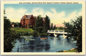 Lake And Bridge Showing Morse Hall Emporia Teachers College Kansas KS Postcard