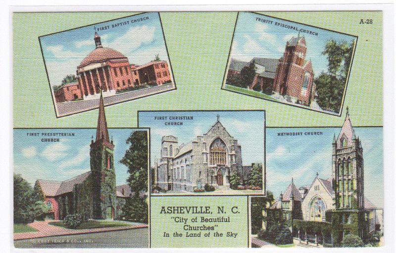 City of Churches Asheville North Carolina linen postcard