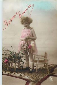 new year greetings charming fancy girl vintage tinted postcard 