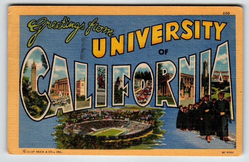 Greetings From University Of California Large Big Letter Linen Postcard 1952
