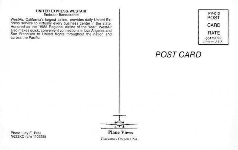 Airline Postcards United Express Westair Embraer Bandeirante  