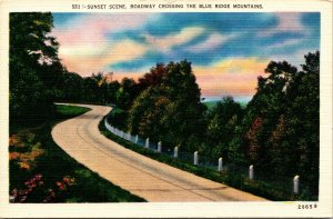 Sunset Scene Roadway Blue Ridge Mountains Linen Postcard VTG UNP Unused Vintage 