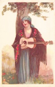 Glamour Music Art by Mauzan Gypsy Girl under Tree playing Guitar postcard C328