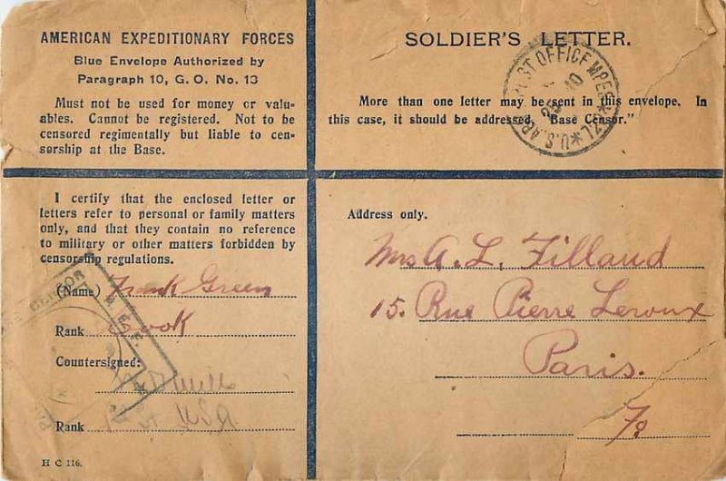 Entier Postal Postal Stationery American Expeditionary Forces