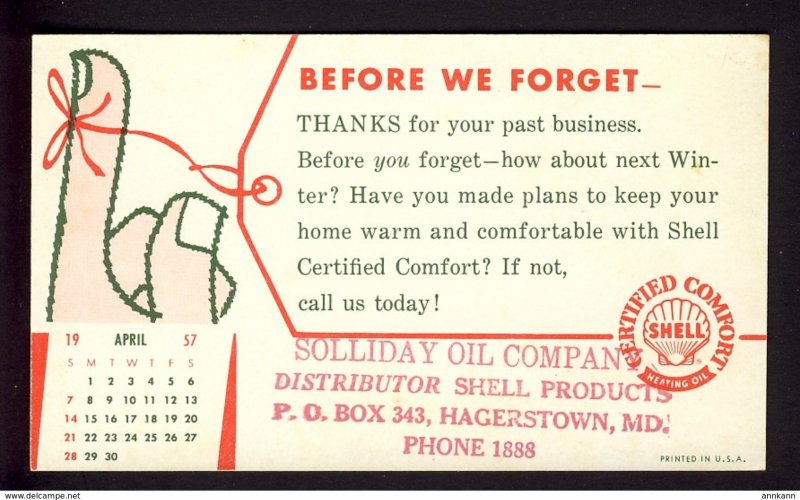 Hagerstown, MD USA - SHELL OIL logo - ribbon tied on finger 1957 April calendar