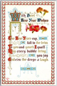 With Best New Year Wishes Flowers Greetings Card Colorful Frame Postcard