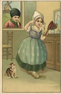 PC CATS, CHILDREN IN FOLKLORE DRESSES WITH A CAT, Vintage Postcard (b47100)