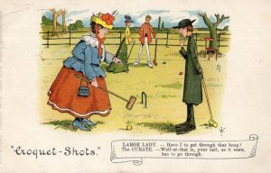 Croquet Shots Mallet Fat Lady Sports Priest Disaster Old Comic Postcard