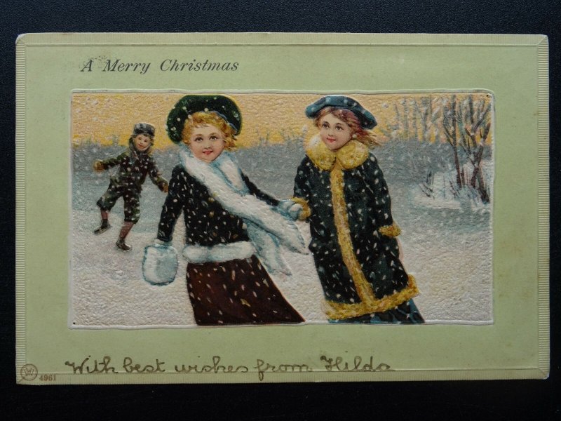 A MERRY CHRISTMAS Children Playing in Snow c1903 UB Embossed Postcard by VW