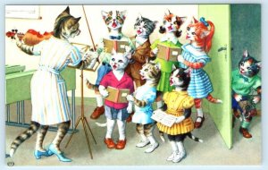 Mainzer Dressed Cat KITTENS CHOIR PRACTICE Teacher Violin # 4741 Turkey Postcard