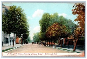 North Sixth Street Showing Library Corner Horse Buggy Richmond IN Postcard
