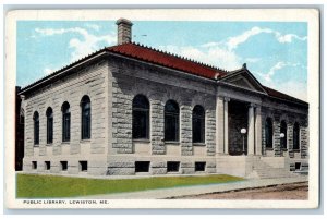 1924 Public Library Building Dirt Road Stairway Entrance Lewiston Maine Postcard