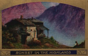 Vintage Postcard Sunset In The Highlands House Overlooking The Mountains