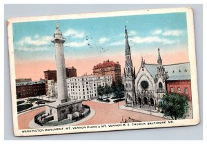 Vintage 1917 Postcard Washington Monument & Mt Vernon M.E. Church Baltimore MD