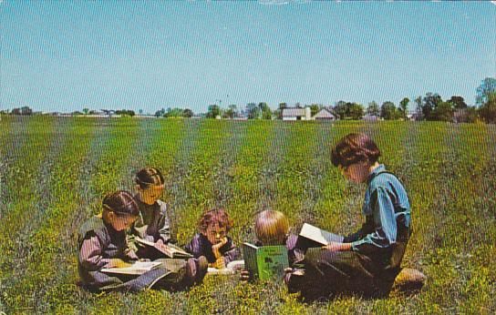 Greetings From The Pennsylvania Dutch Country Group of Amish Children Reading...