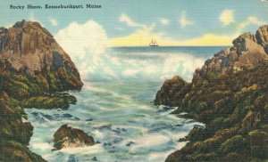 USA Rocky Shore Kennebunkport Maine Linen Postcard 08.14