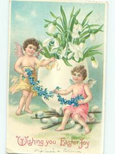 Pre-Linen Easter ANGELS WITH PUSSYWILLOW AND BIG EGG AB4009