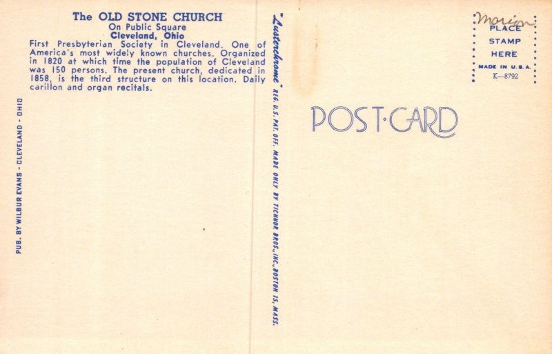 VINTAGE STANDARD SIZE POSTCARD THE OLD STONE CHURCH AT CLEVELAND OHIO 