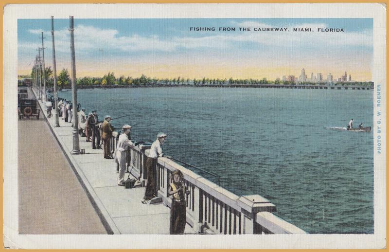 Miami, FLA., Old men & children fishing from the causeway - 1935