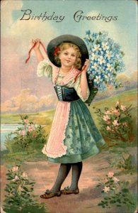 Birthday Young German Girl Bouquet of Flowers c1900-20s Vintage Postcard