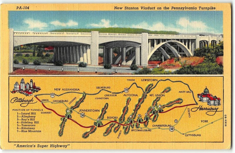 New Stanton Viaduct Pennsylvania Turnpike Map 1940 Teich Linen