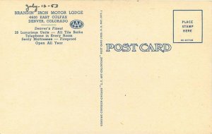 Brandin Iron Motor Lodge Denver Colorado linen 1953 Postcard roadside 10595