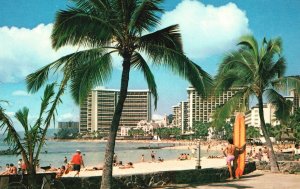 Vintage Postcard Warm Waters Blue Pacific Surfer Sun Lovers Waikiki Beach Hawaii