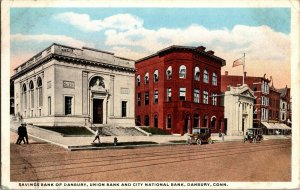 Savings Bank, Union Bank, City Nat'l Bank, Danbury CT c1920 Vintage Postcard I74