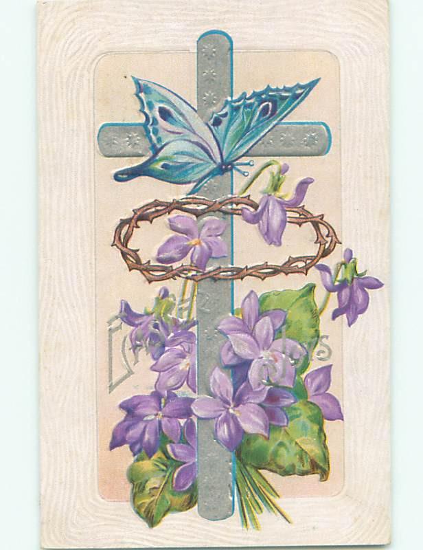Pre-Linen easter religious GREEN BUTTERFLY WITH CROSS AND CROWN OF THORNS J2132