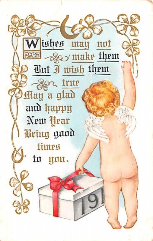 New Years Post Card Happy New Year Poem with Cherub Unused