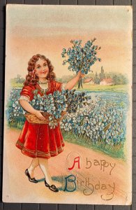 Vintage Victorian Postcard 1926 A Happy Birthday - Girl with Blue Flowers