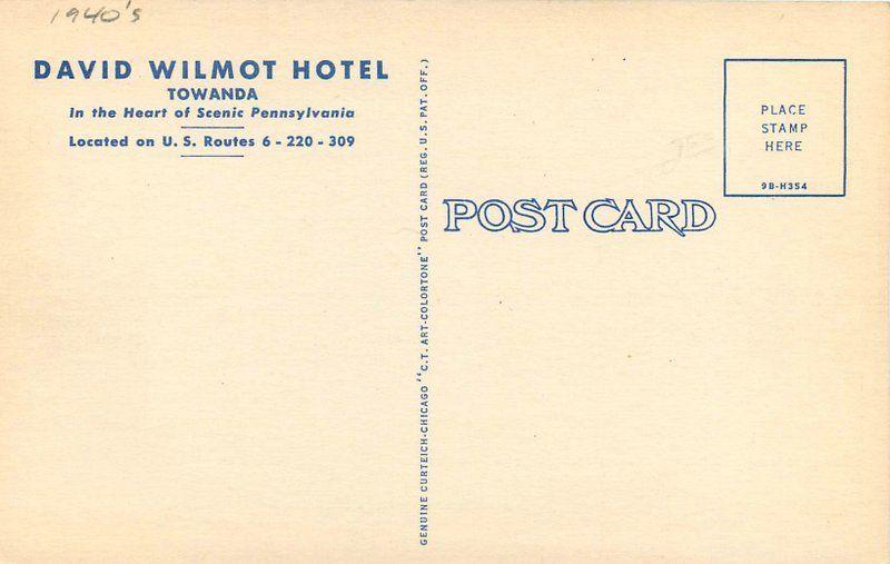 1940s Wilmont Hotel Towanda Pennsylvania roadside linen postcard 4308