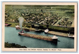 Fort William Ontario Canada Postcard Grain Boats Harbour 1936 Vintage