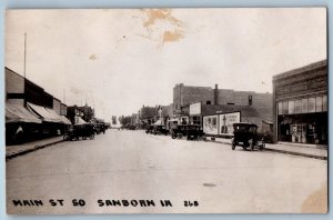 Sanborn Iowa IA Postcard RPPC Photo Main Street South Drugs Store Cars c1920's