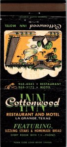 Vintage Matchbook Cottonwood Inn Restaurant & Motel, La Grange, TX MB173