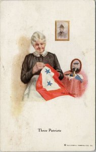 Three Patriots Elderly Woman Sewing Patriotic Blue Star Flag Postcard G48