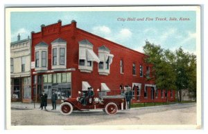 IOLA, KS ~ Street Scene CITY HALL & FIRE TRUCK c1910s Allen County Postcard