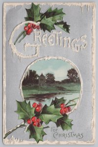 Holiday~Christmas~View Along River~Holly~Vintage Postcard