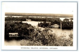 1942 Birds Eye View Muskoka Islands Boat House Ontario RPPC Photo Postcard