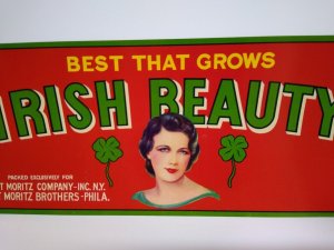 Irish Beauty Crate Label Lovely Blue Eyed Shamrock Lady Ireland Vintage 1940s