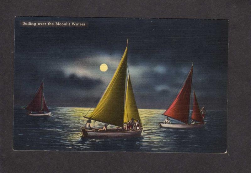 Sailing over Moonlit Moonlight Waters Linen Postcard Sailboats Moon Postcard