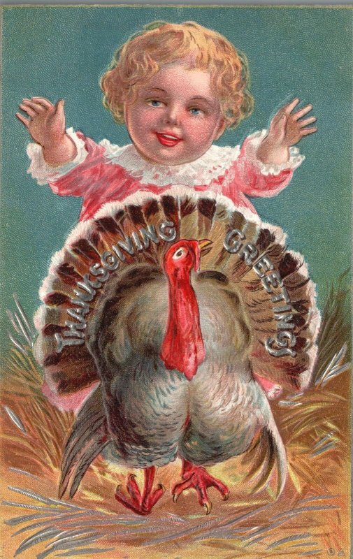 Vintage Postcard 1910's Thanksgiving Greetings Riding On The Turkey's Back 