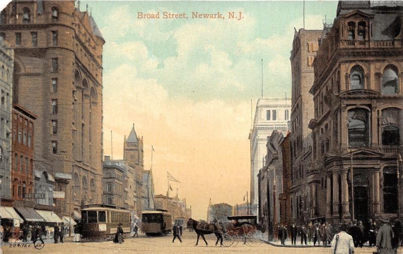 Newark New Jersey~Broad Street Scene~Goerke Store~Horse Carriage~Church~c1910 PC