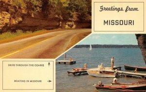 MO  Missouri Greetings  BOATS AT DOCK~Swim Platform & OZARK ROAD SCENE  Postcard