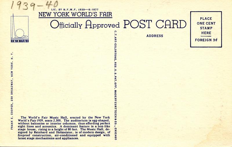 NY - 1939 New York World's Fair. Music Hall