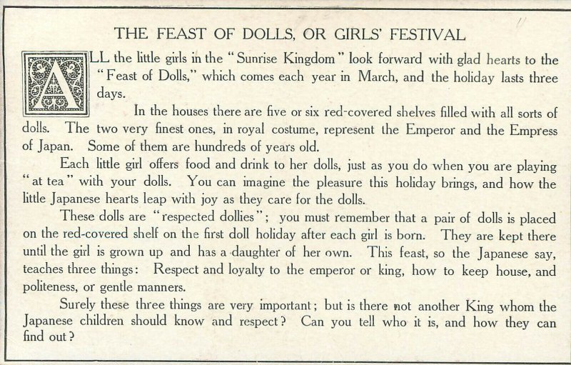 Postcard Feast of Dolls Girls Festival Christian Missionary Propaganda to Japan