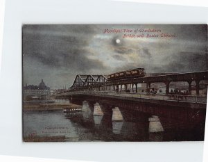 Postcard Moonlight View of Charlestown Bridge & Boston Elevated Massachusetts