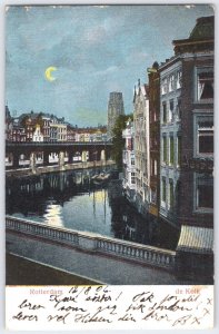 Vintage 1906 Rotterdam Night Scene Postcard de Kolk Canal